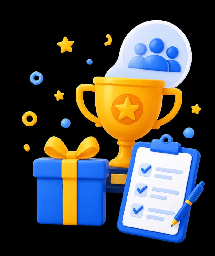 Ilustrasi piala, hadiah, dan daftar pencapaian program affiliate